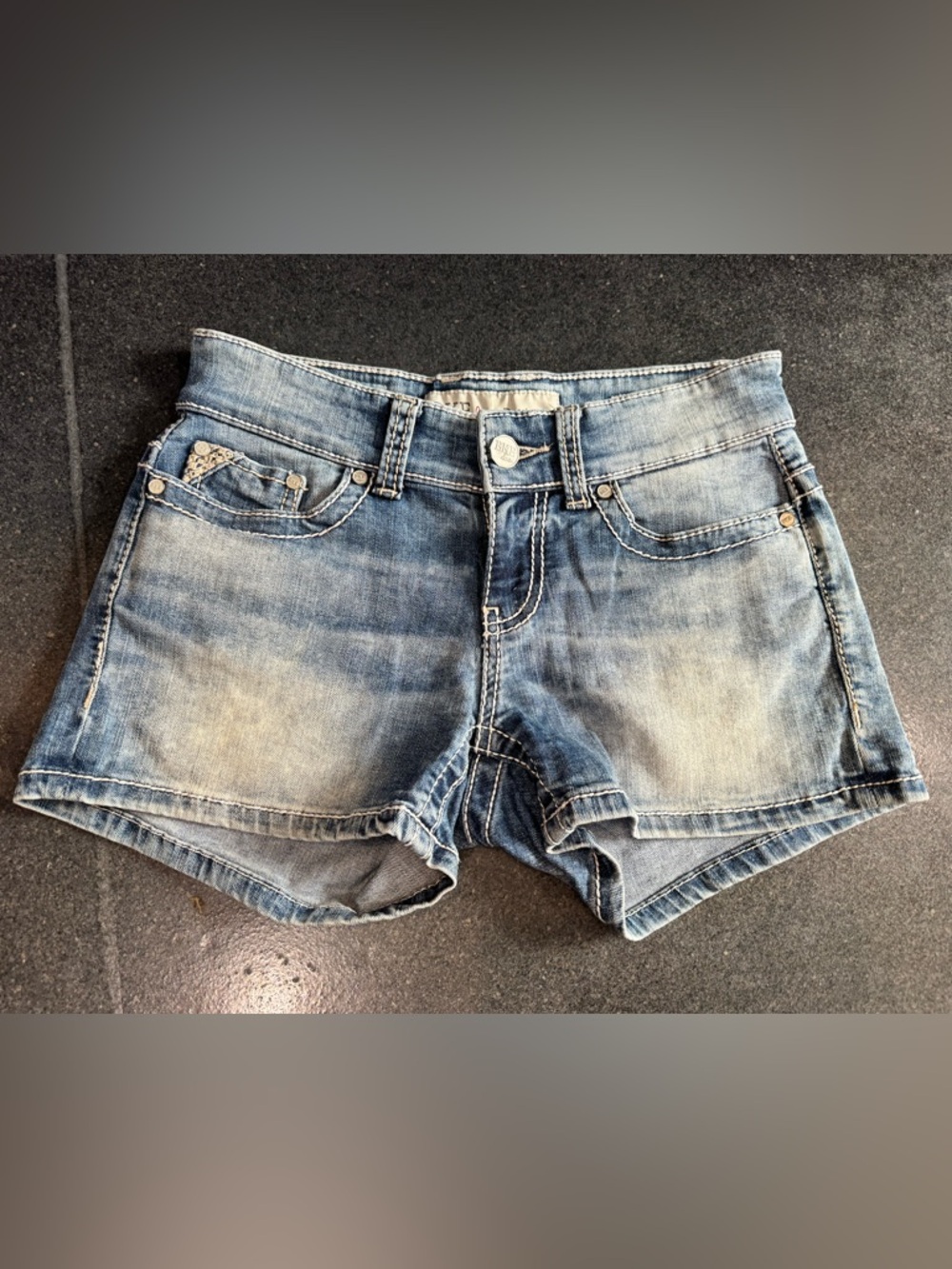 BKE Payton Light Blue Washed Denim Shorts with Contrast Stitching